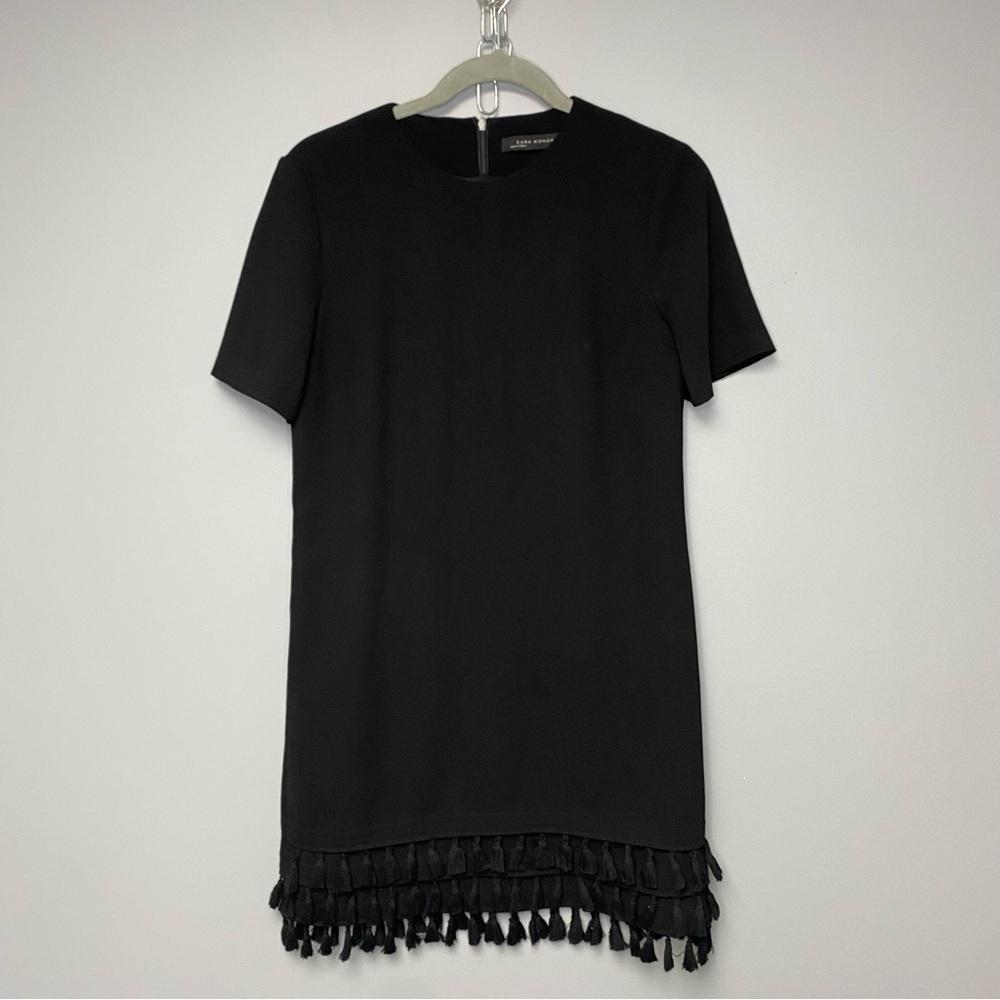 Zara Woman Black Tiered‎ Tassel Hem Midi Shift Dress Size XS